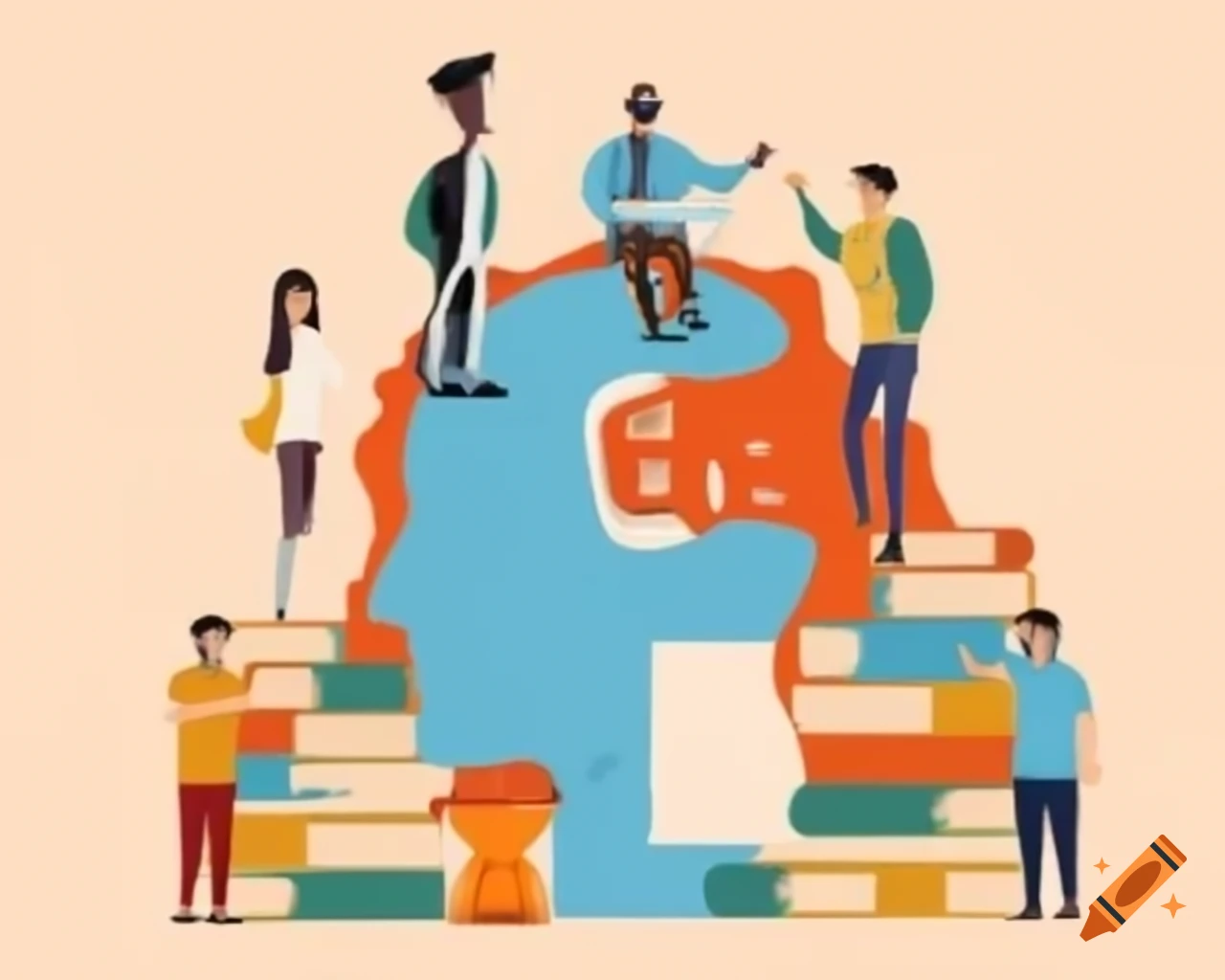Researchers studying a multilingual robot head among books and tools