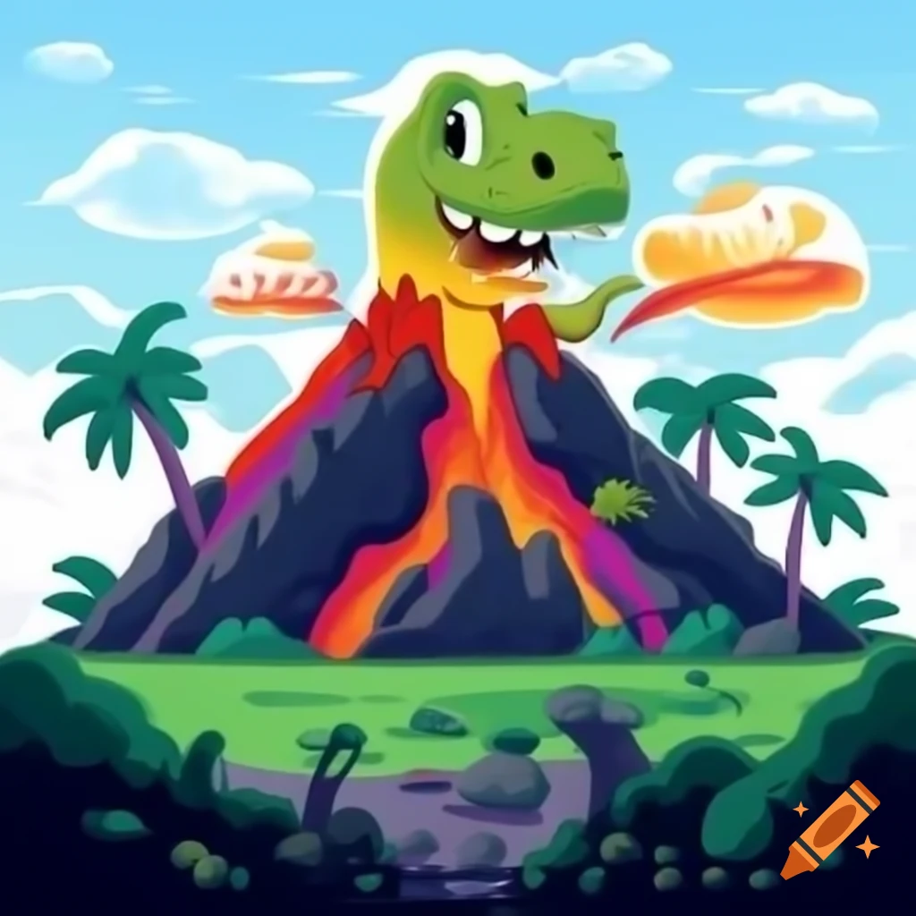 Cartoon T-Rex in jungle with volcano and rainbow lava, featuring title and parental advisory label