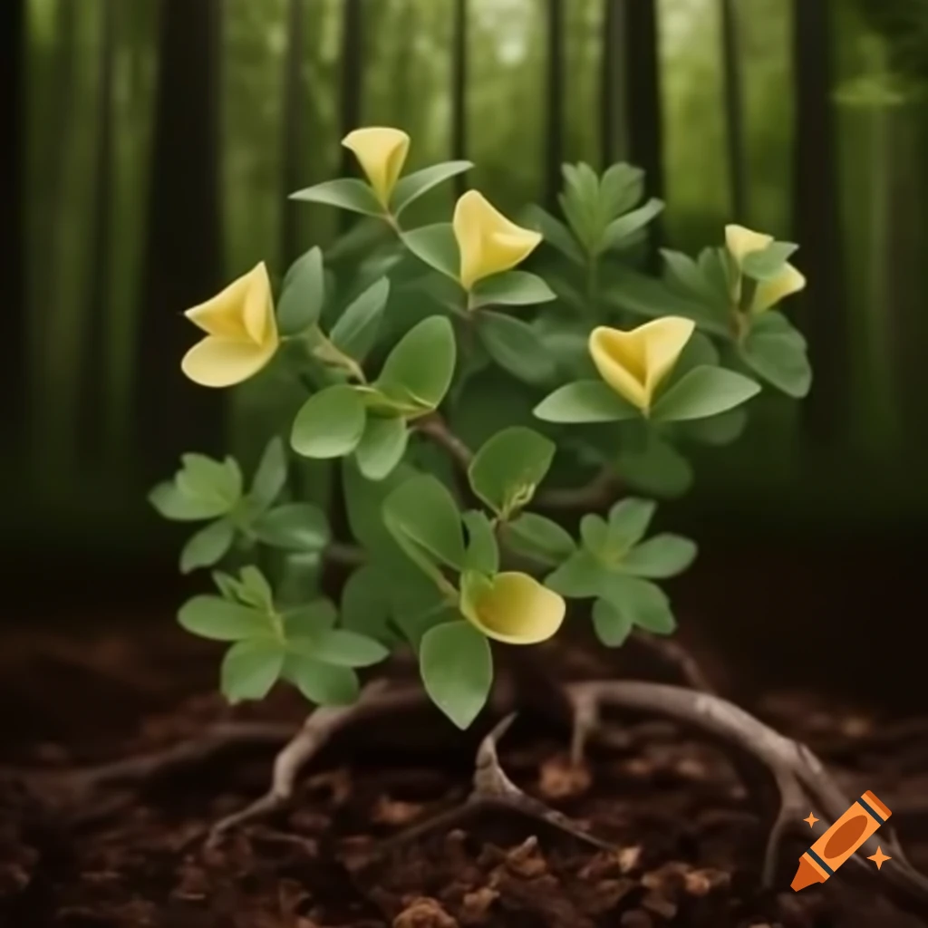 Bush in forest with ravioli pasta on branches