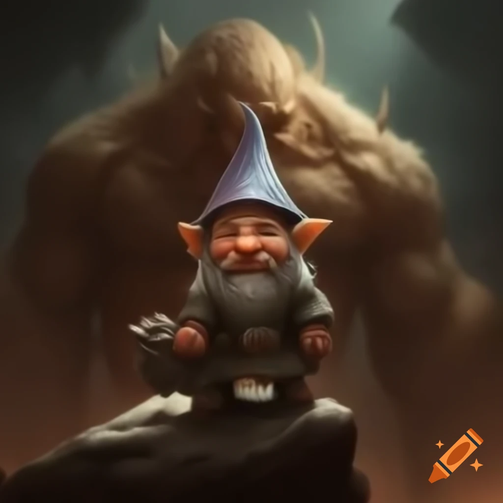Tiny gnome on shoulder of colossal titan, illustrating size contrast