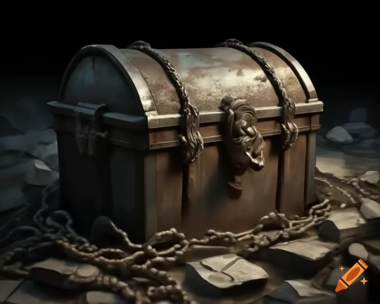 Weathered iron chest in dystopian ruins, showcasing scars of time
