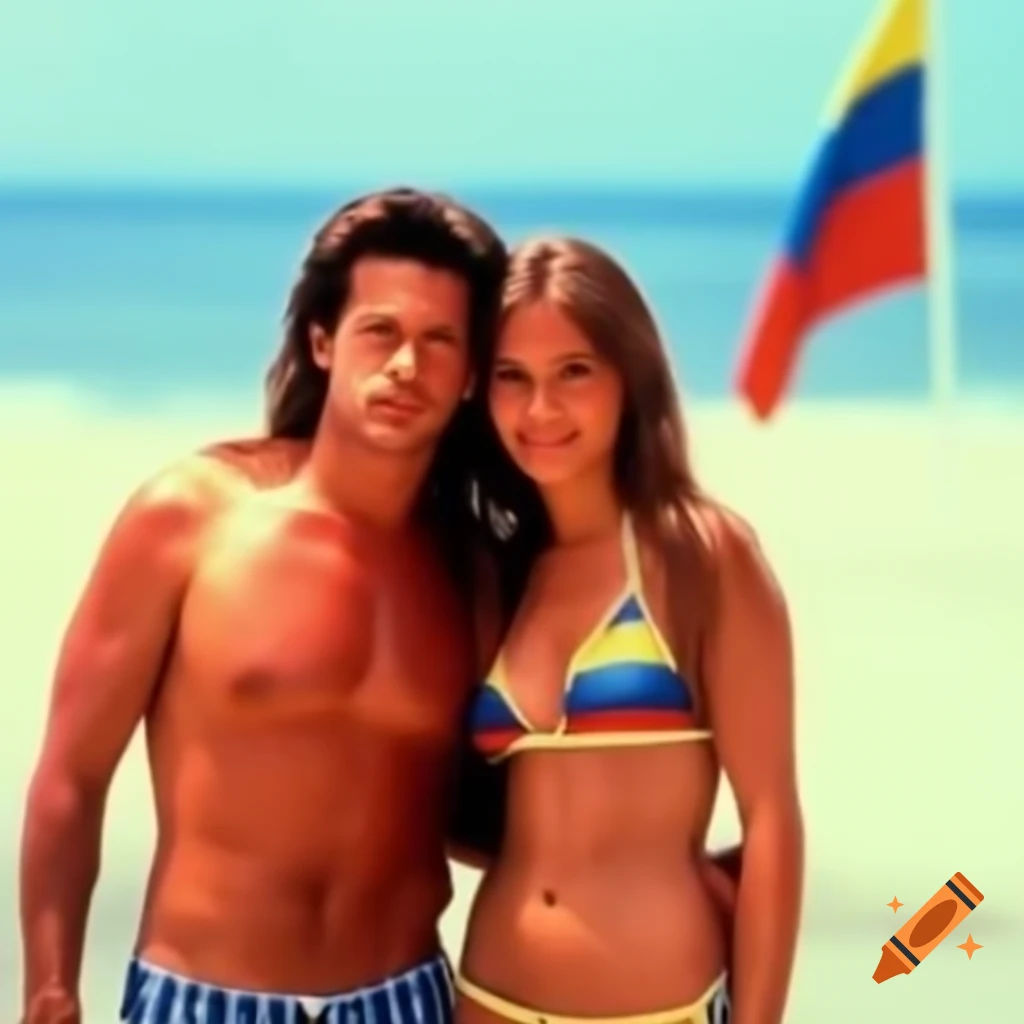 1994 photo of couple on beach with Colombian flag