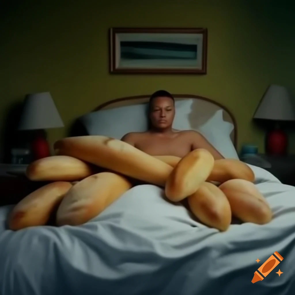 Person relaxing on bed with an abundance of breadsticks
