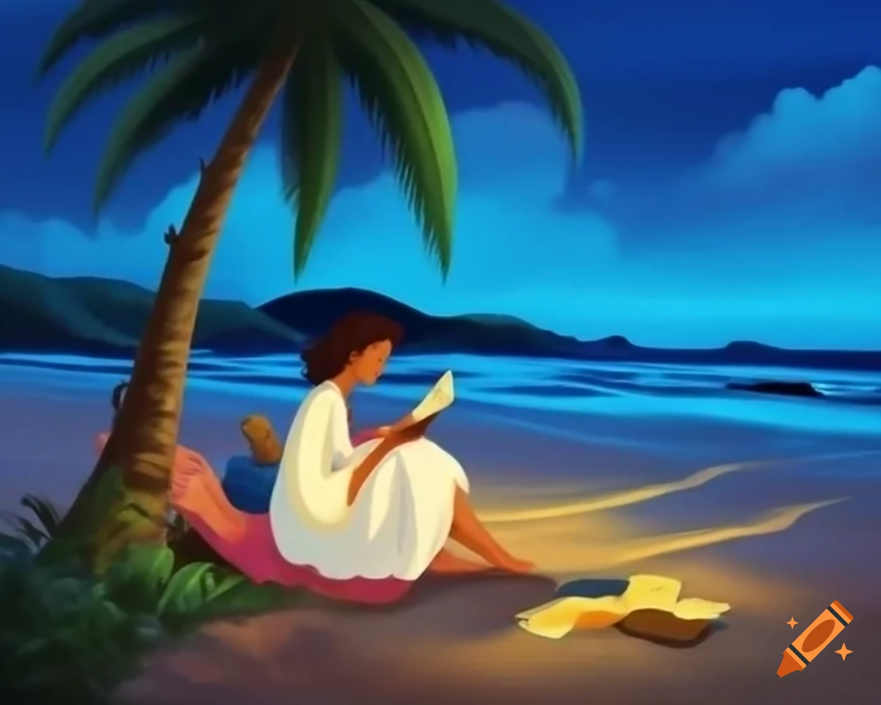 Woman reading a book on beach illuminated by LED palm tree