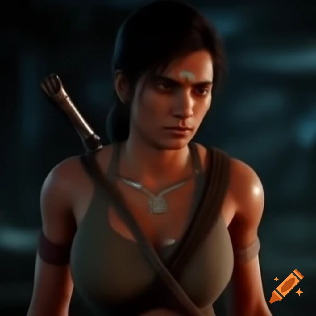 Lara Croft portrayed as an Indian woman wearing a sari with bare feet