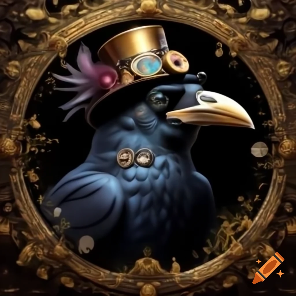 Victorian clockwork crow with top hat and goggles amidst floral elegance
