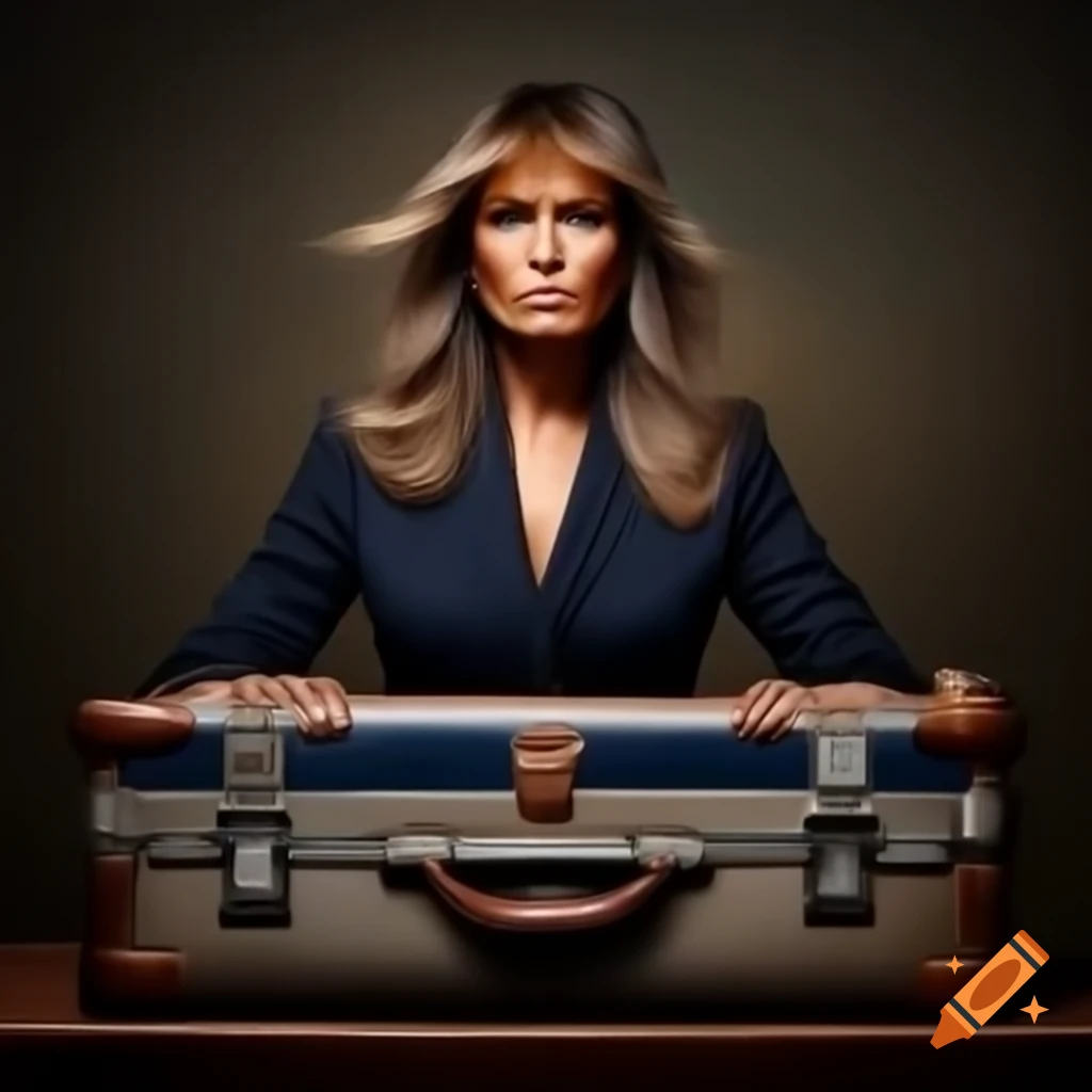 Photorealistic image of Melania Trump packing clothes into a suitcase at home