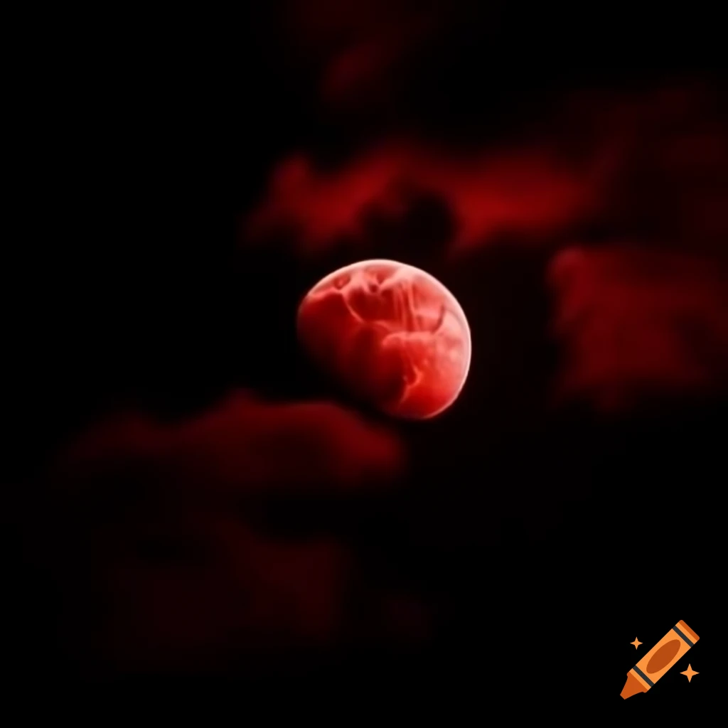 Realistic red moon in black background with clouds