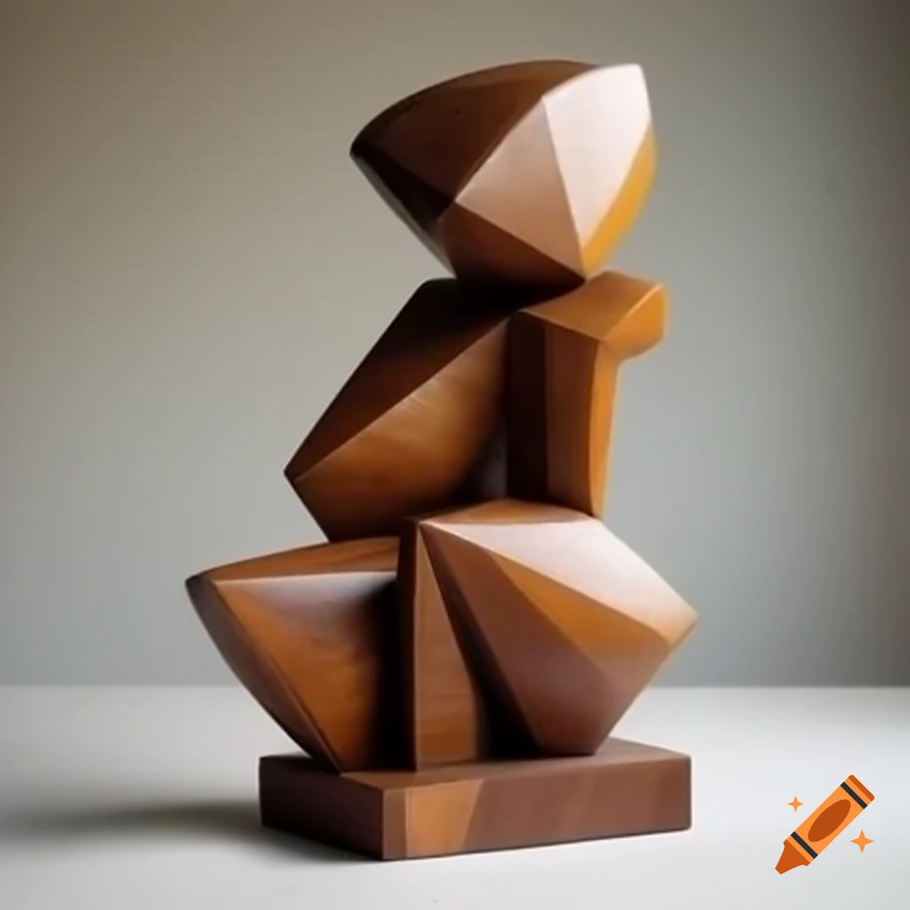 Cubist sculpture of a female figure crafted from rough painted wood