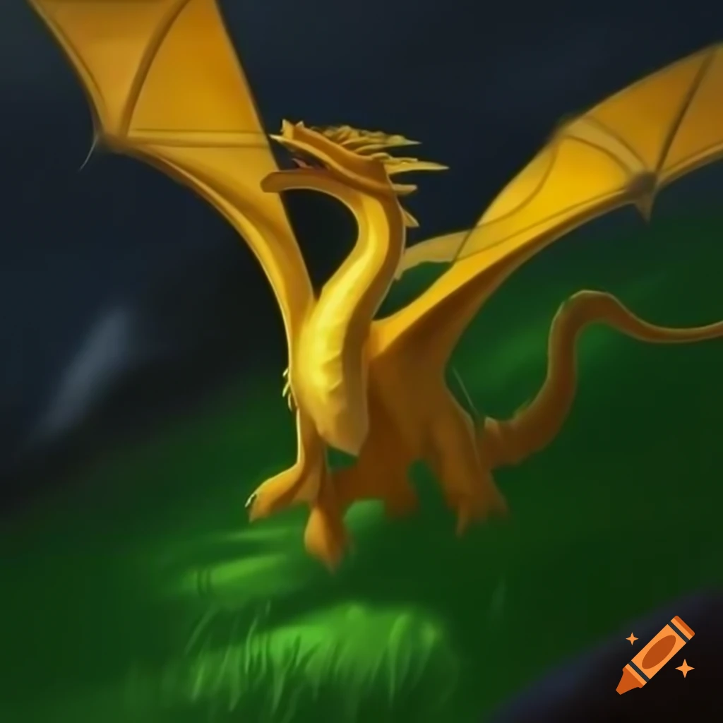 Golden dragon landing on green grass in dark medieval fantasy setting