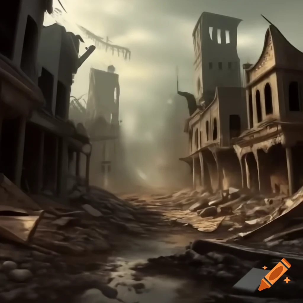 Ruined fantasy town with destruction and debris
