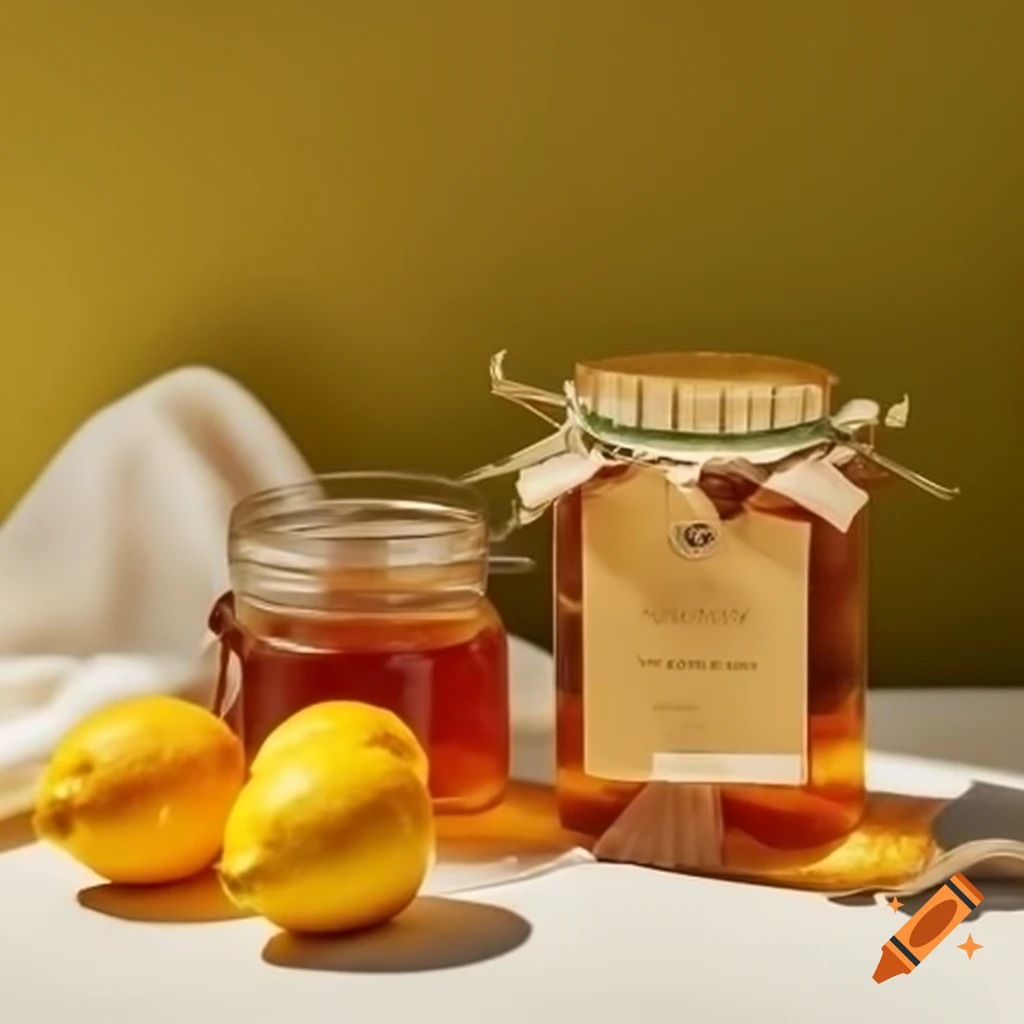 Honey jar beside fresh lemons
