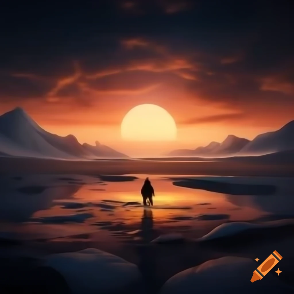 Lone sunset warrior in barren arctic wasteland at dusk with golden and pink sky