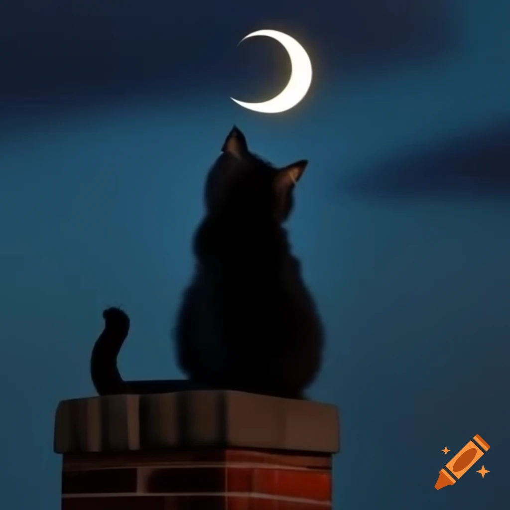 Black cat with messy fur gazing at crescent moon while sitting on chimney