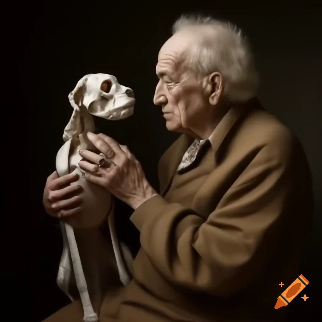 Man examining dog skull in profile, reminiscent of Hamlet's soliloquy