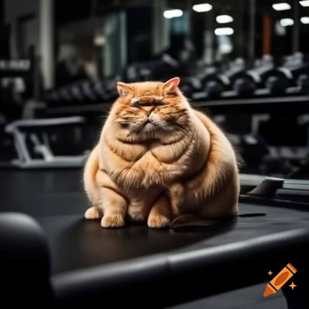 Chubby orange cat exercising at the gym