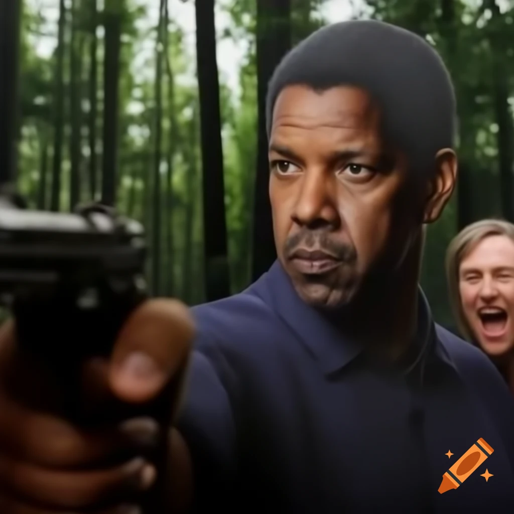 Denzel Washington in a realistic scene surrounded by trees during a shootout