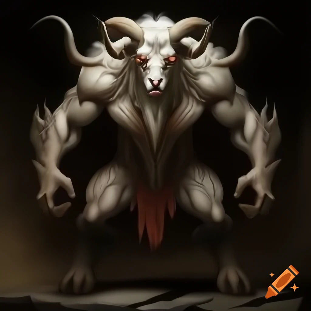 Realistic oil painting of a goat-headed demon with large muscular build and impressive horns
