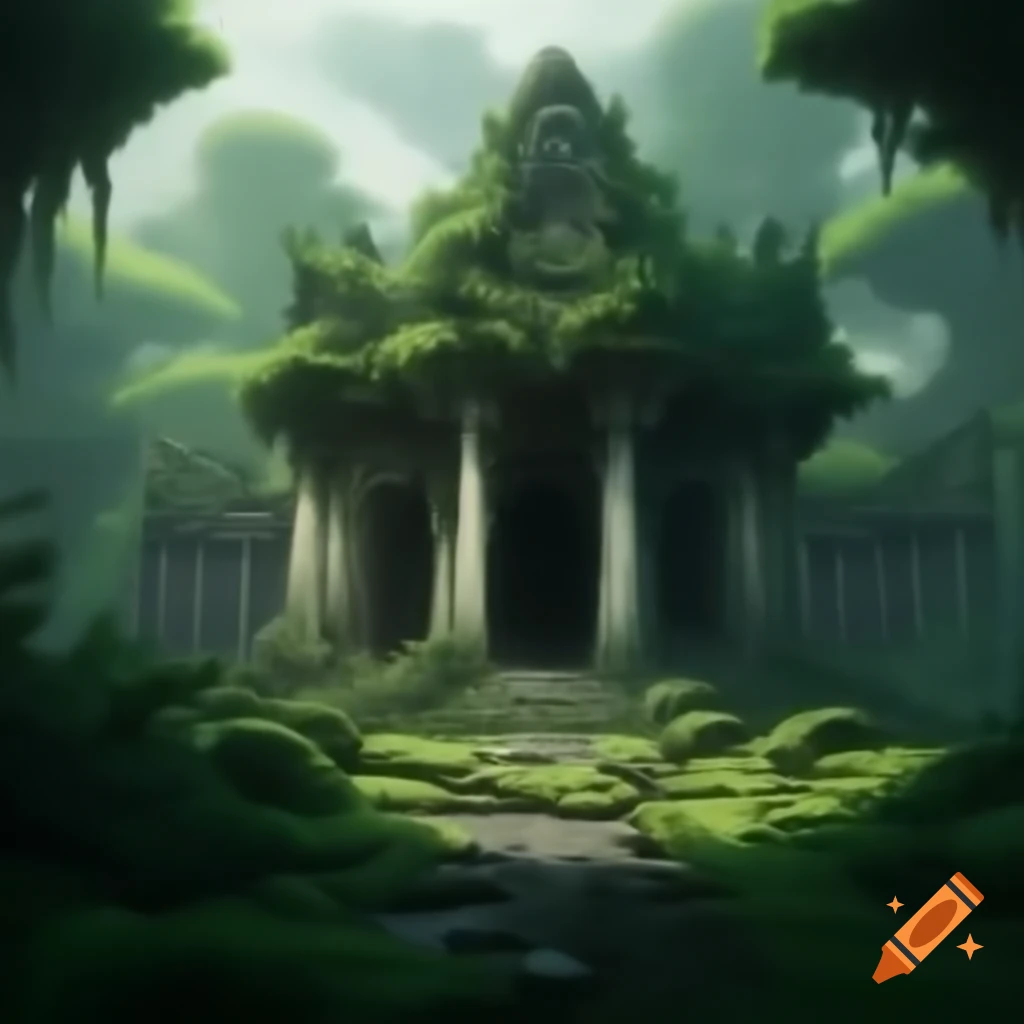 Overgrown temple with dense vegetation
