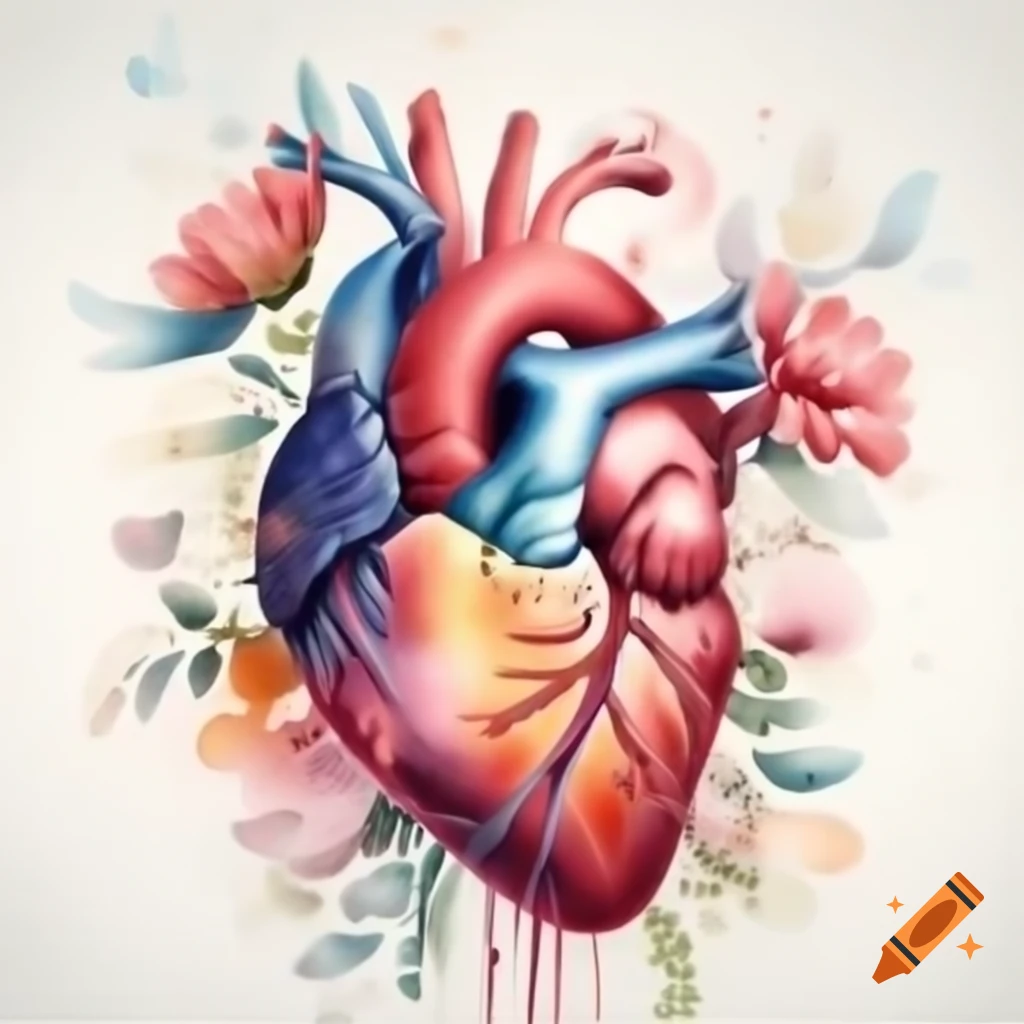 Anatomical heart with blooming flowers in vibrant colors, watercolor style