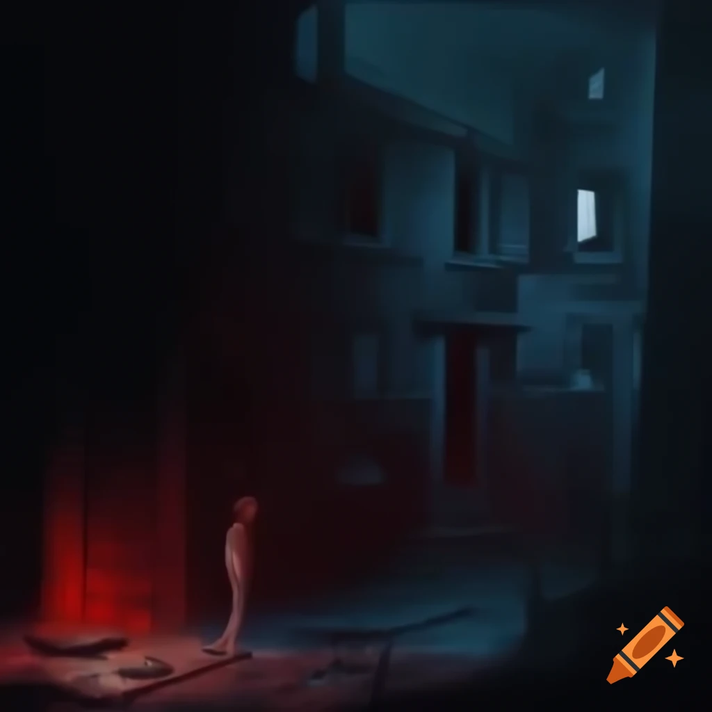 Young man in front of ruined apartment building with lurking shadows