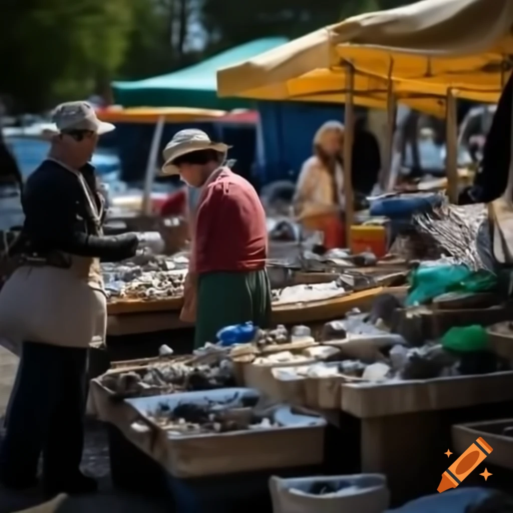 Vibrant flea market with various stalls and products