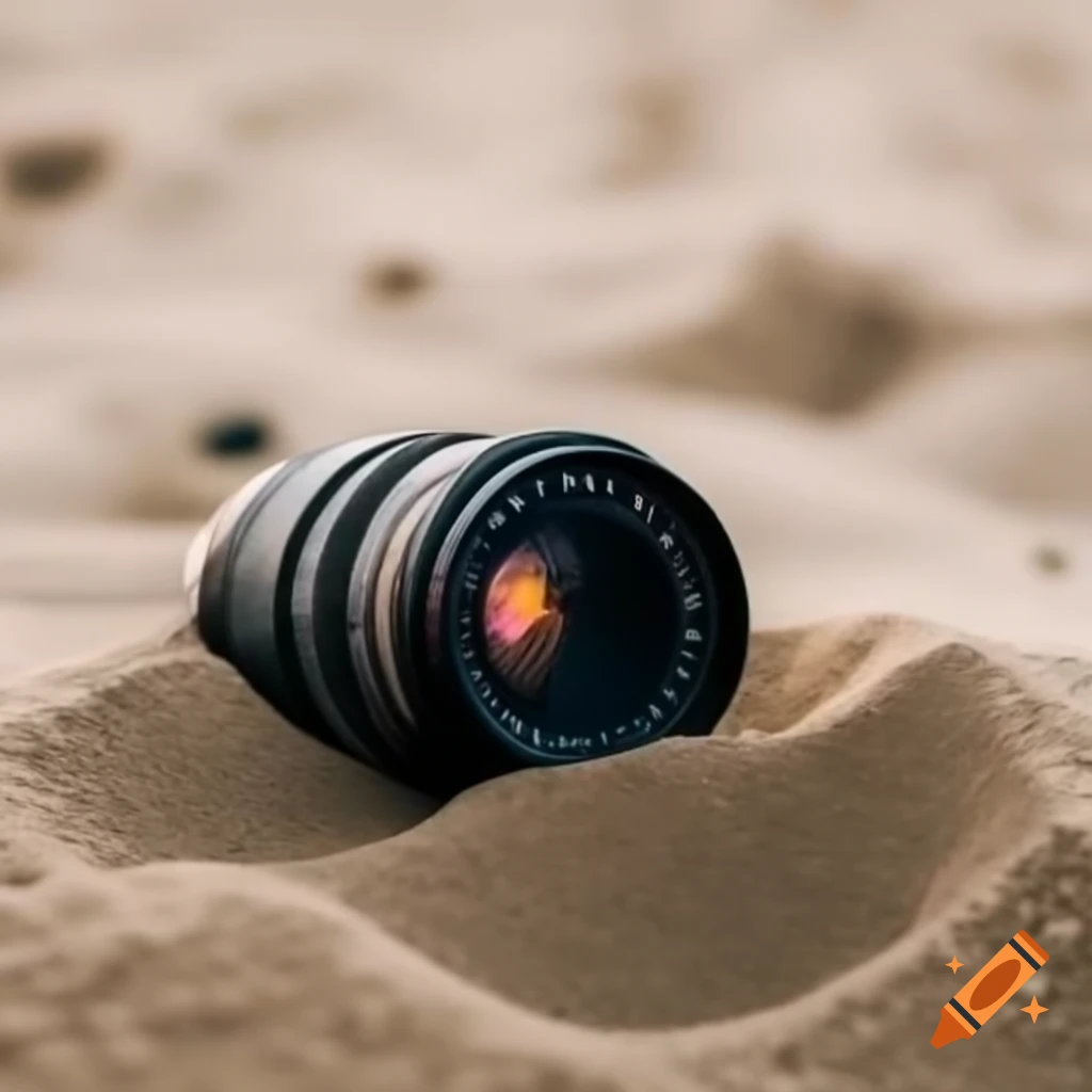 Camera lens covered in sand