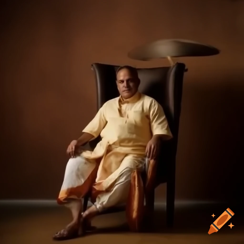 Man in traditional Tamil attire sitting on chair in tilt pose on Craiyon