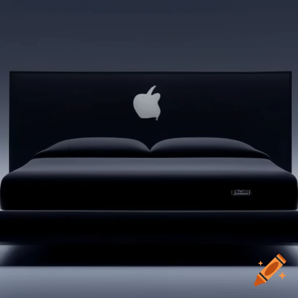 Sleek black minimalist bed featuring Apple logo, modern design