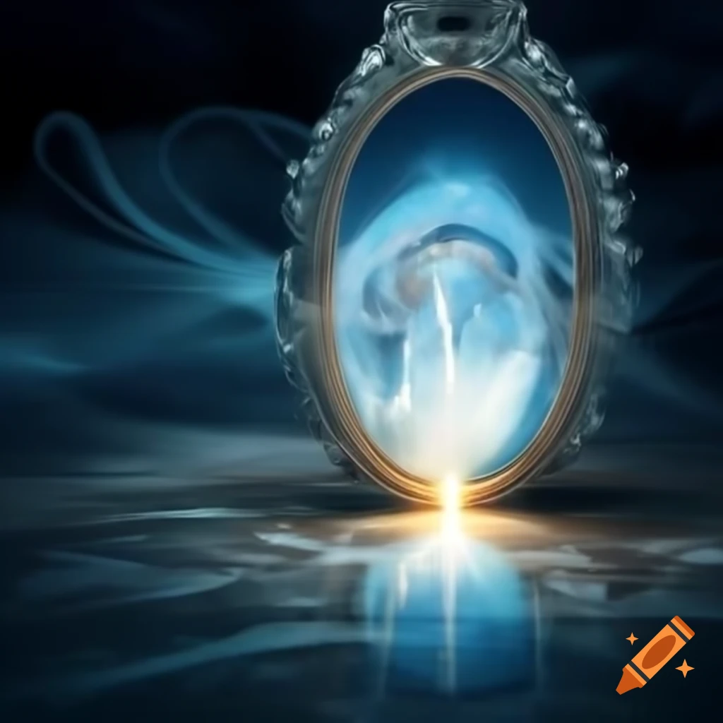 Ethereal and dreamlike imagery inspired by 'In the mirror's quiet glow' poem, evoking reflections