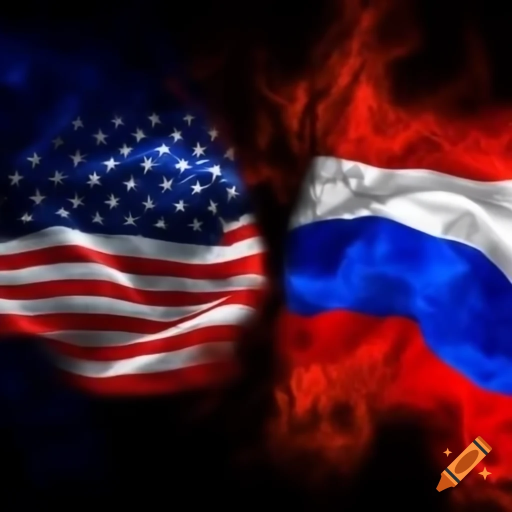 Dynamic image of USA and Russia flags in epic battle scene