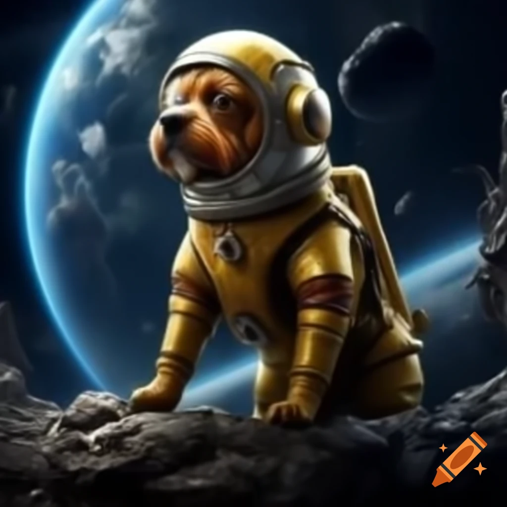 Dog in steampunk astronaut suit against Earth in space