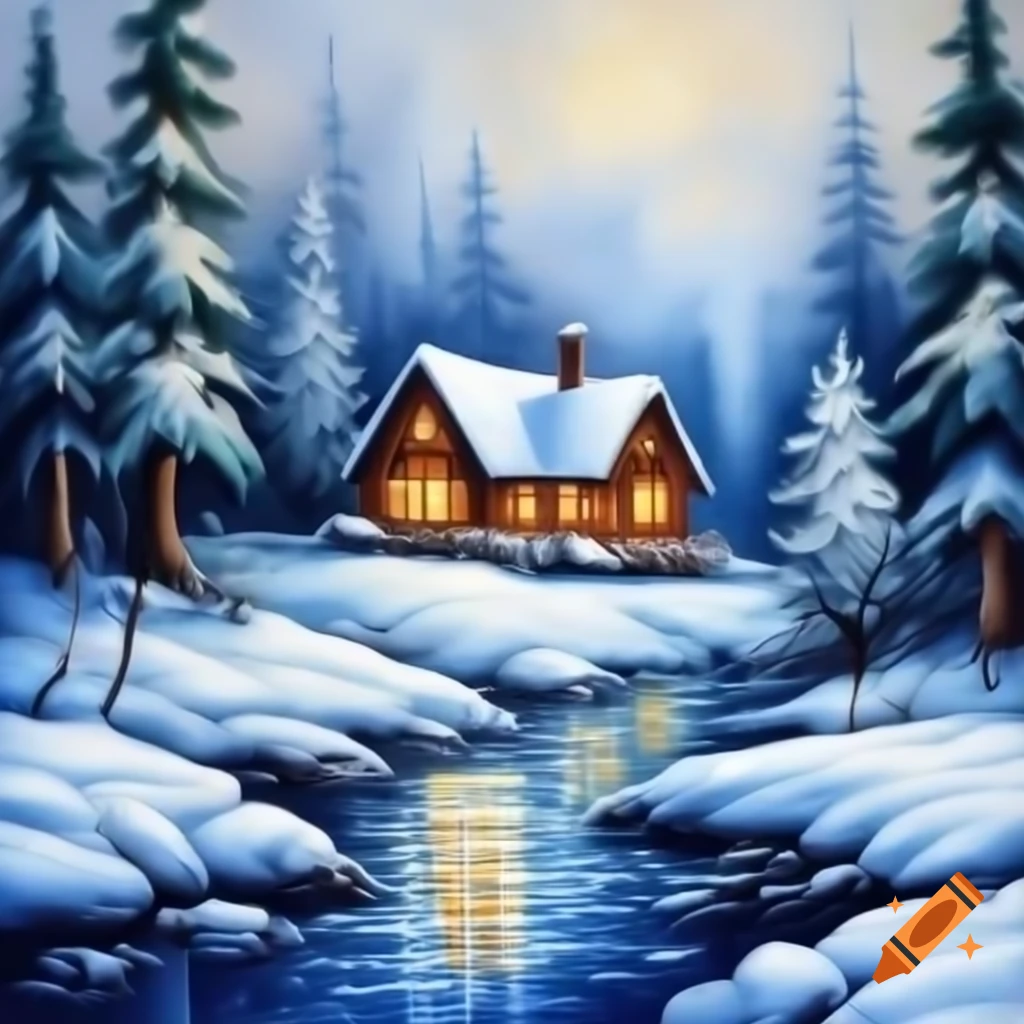 Cozy cabin in snowy forest near a river