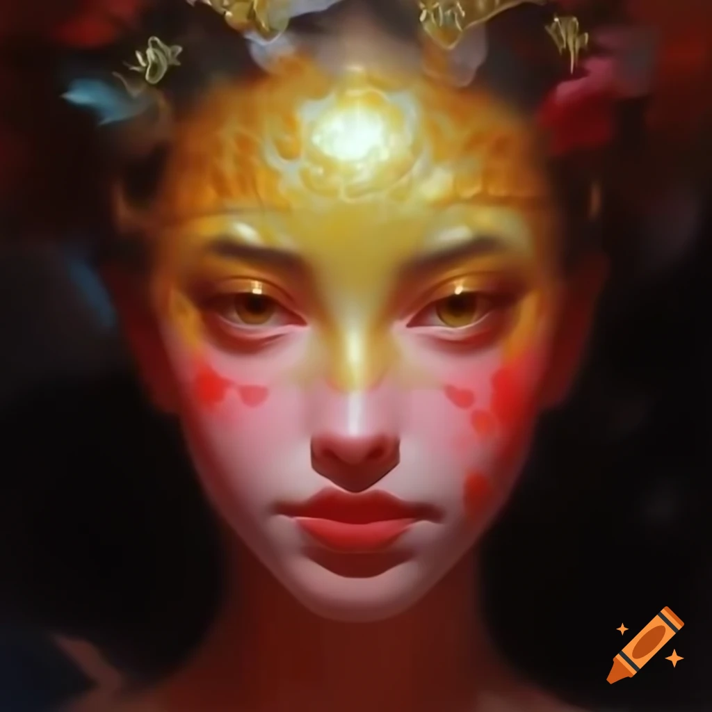 Luminous portrait of a golden-haired beauty with floral flourishes