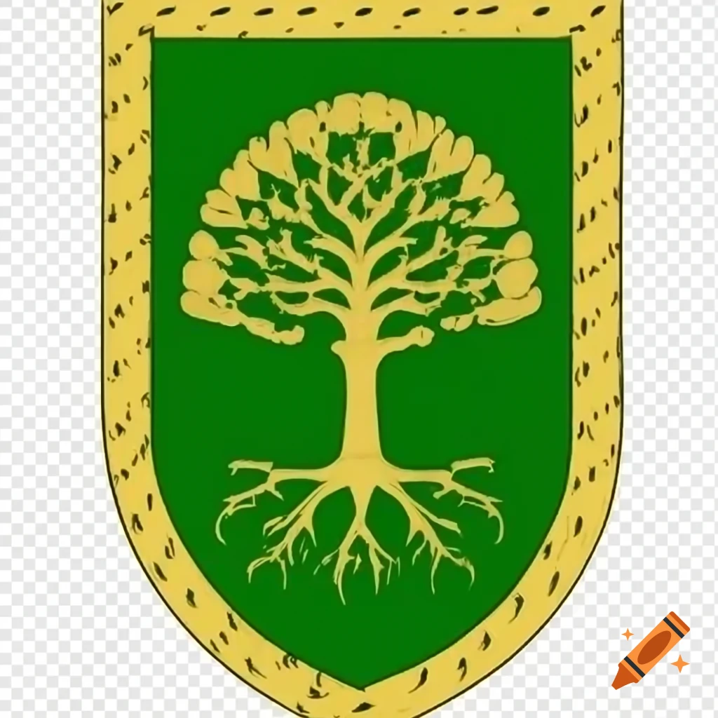 Green and golden coat of arms featuring a tree as the focal point