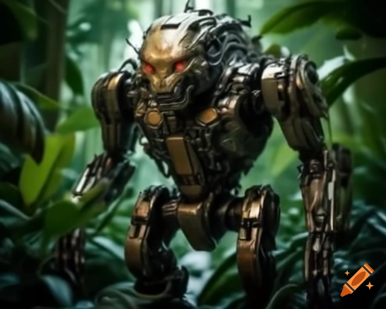 Cybernetic animal in futuristic jungle with metallic plants