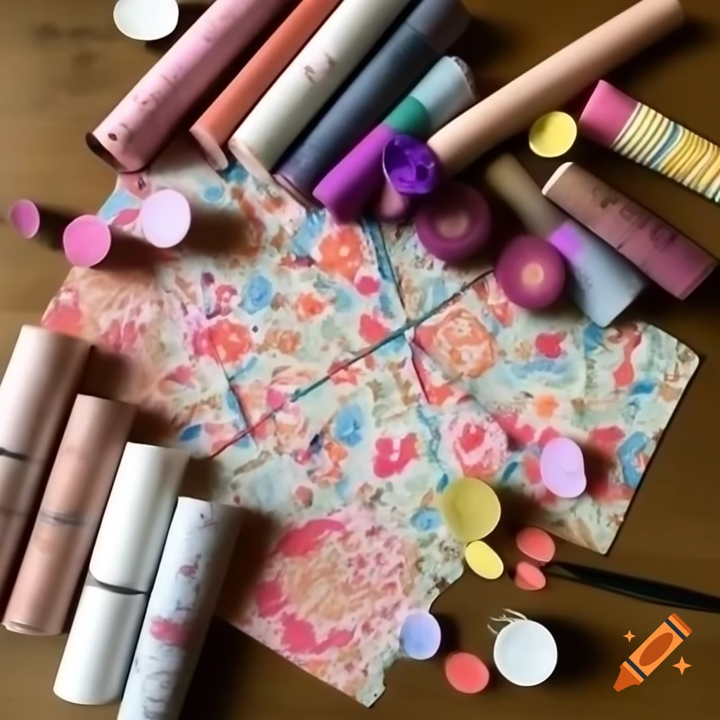 Colorful workbench scattered with fabrics, patterned paper, and needlework tools