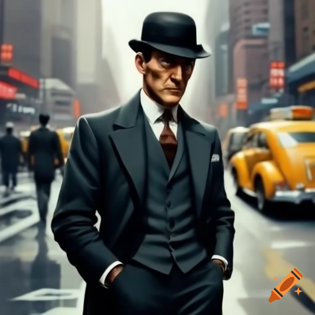 1930s gentleman in suit waiting for cab in busy city street