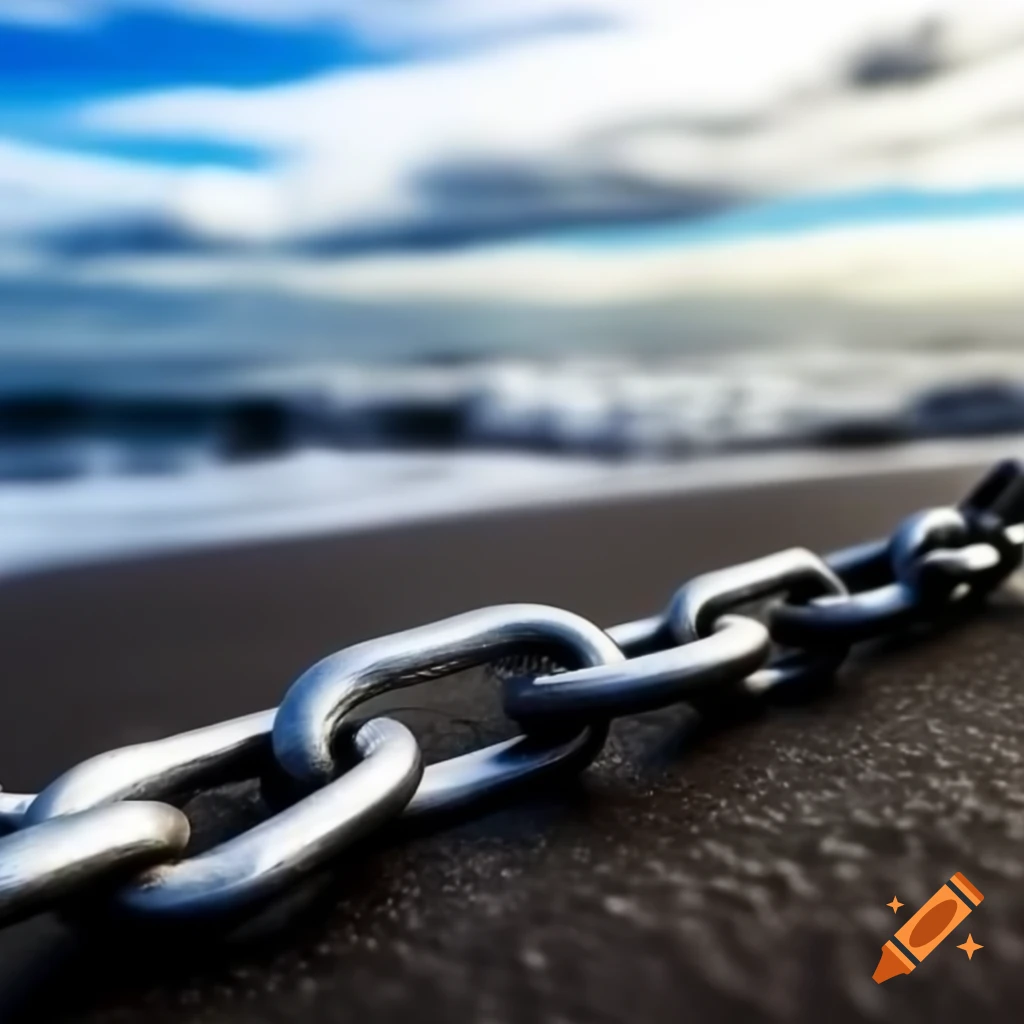 Iron chain extending from shore into ocean