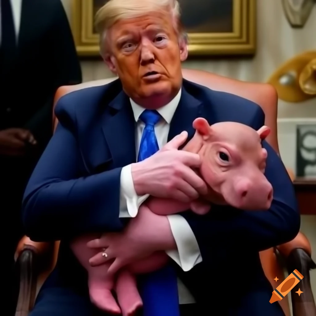 President Trump interacting with a baby pygmy hippo named Moo Deng
