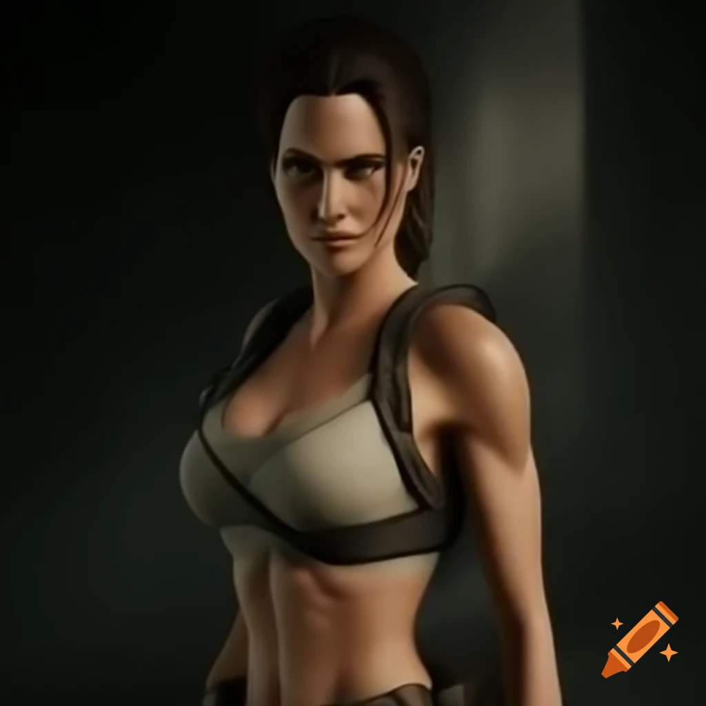 Stunning portrait of Angelina Jolie as Lara Croft showcasing empowerment and athleticism