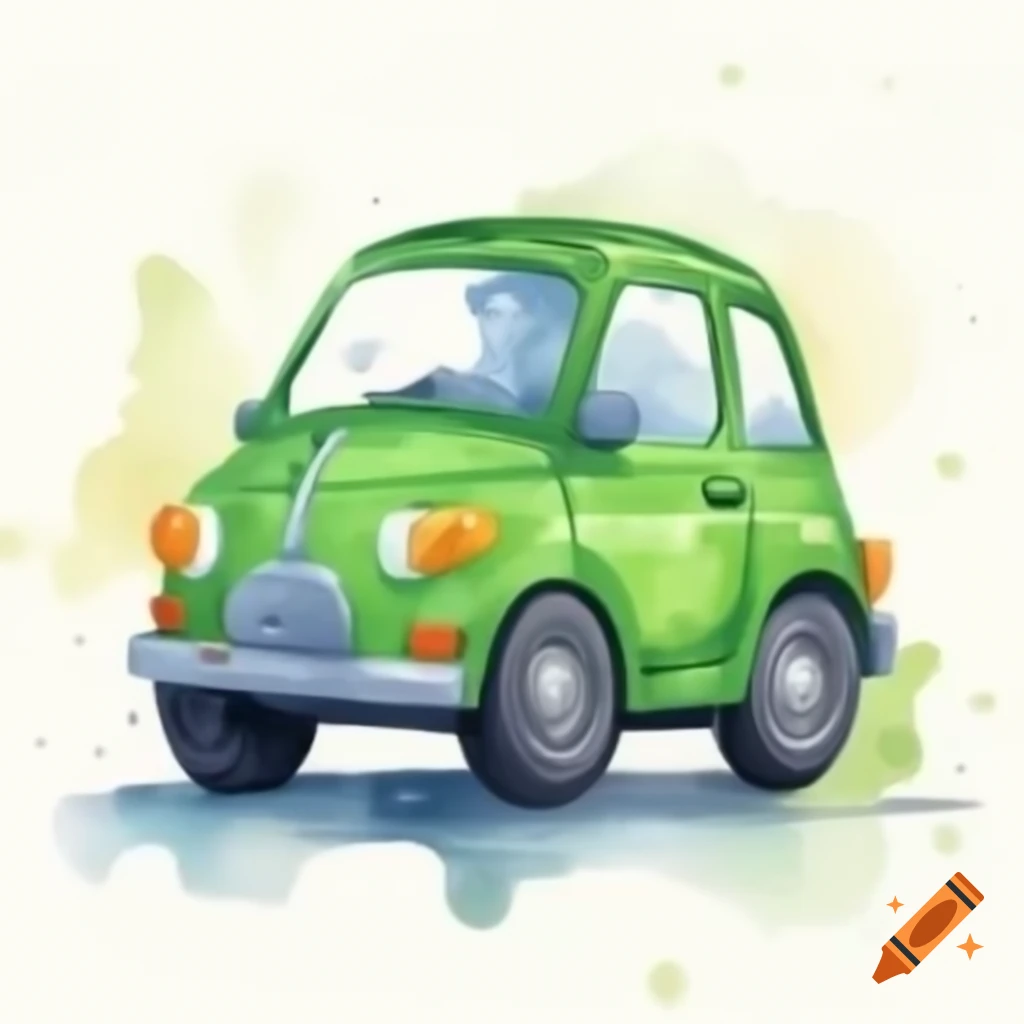 Cartoonish green toy car on white background in watercolor style