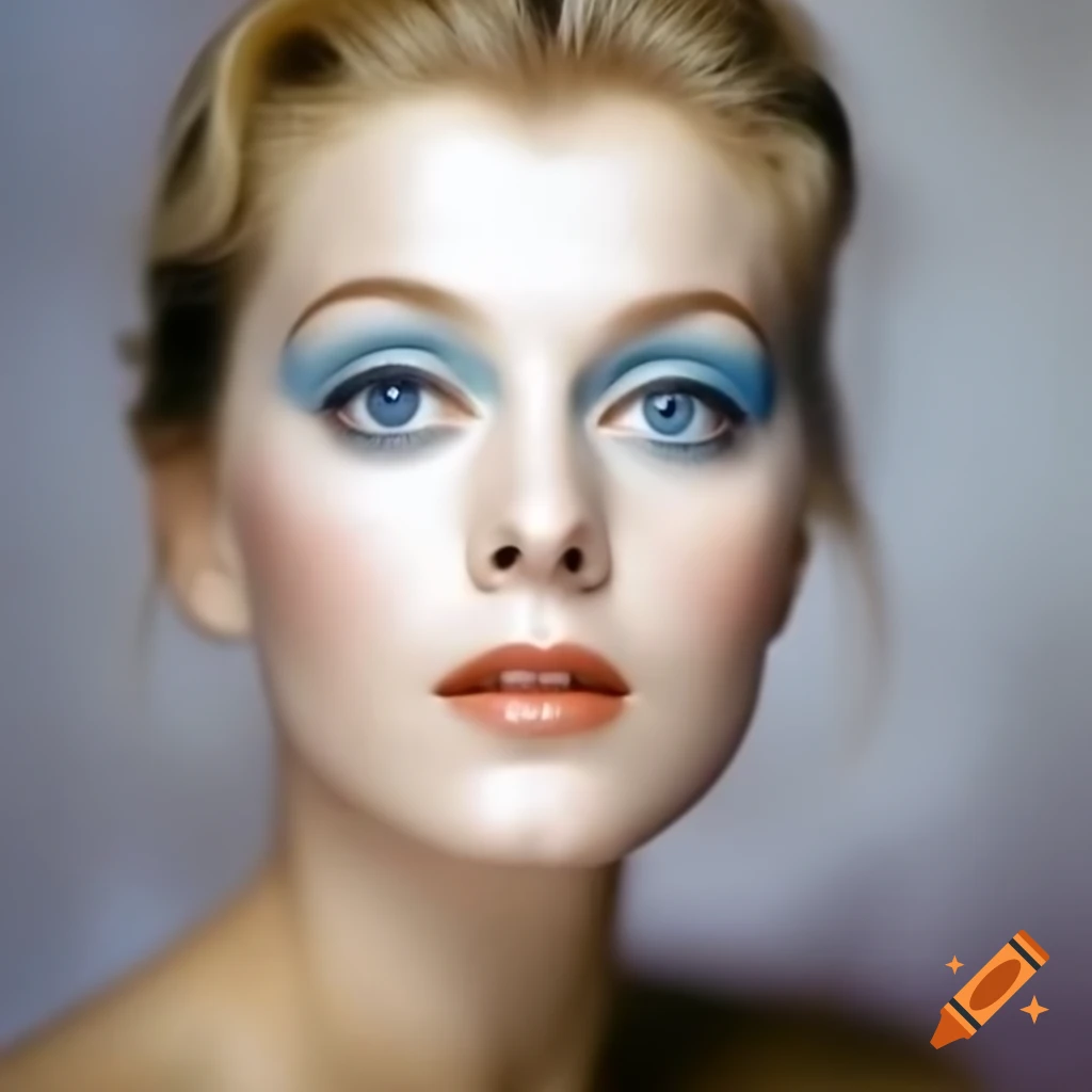 Candid photograph of a beautiful European actress from 1963 with porcelain skin and striking blue eyes