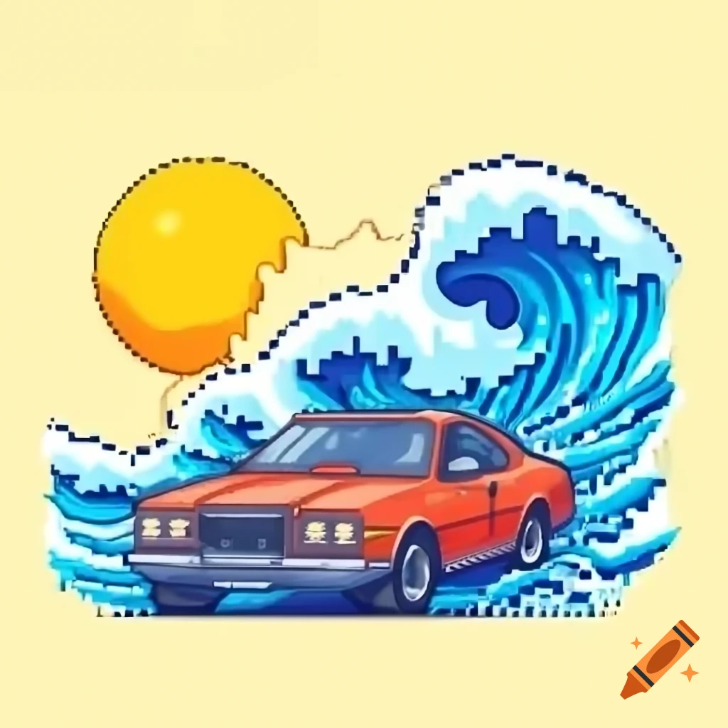 Retro pixelated car driving into infinity with sun in background, back view