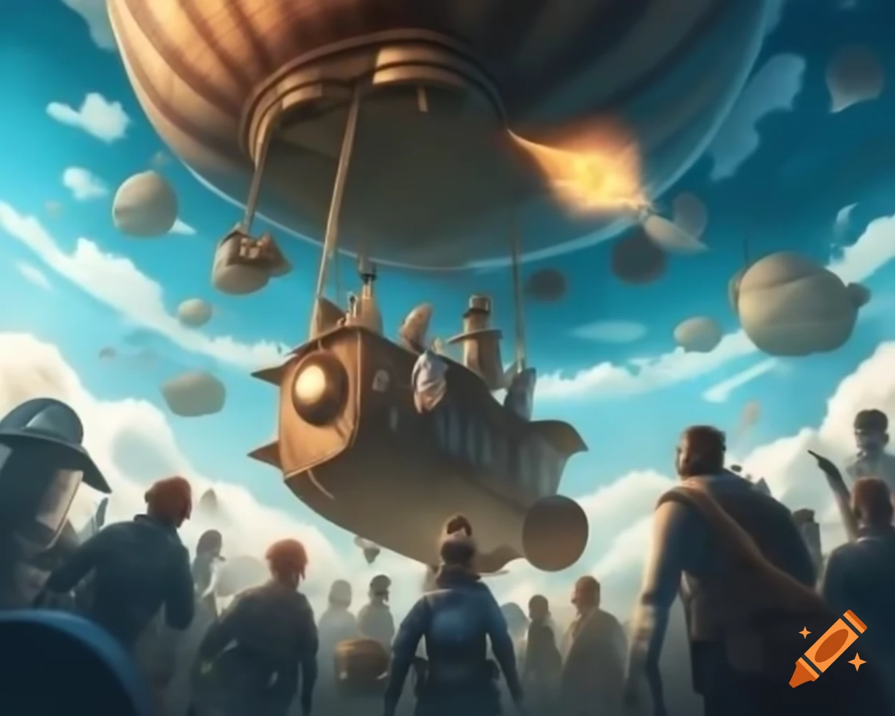 Steampunk airship soaring through clouds with clockwork and brass design