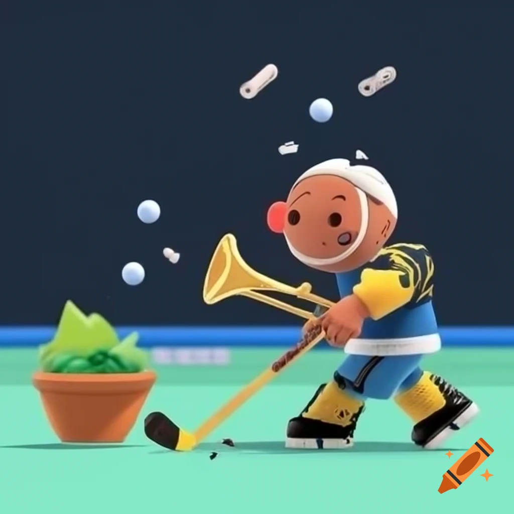 Hockey player playing trombone with salad on the floor