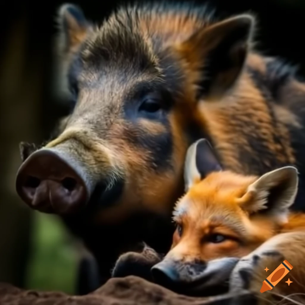 Boar with tusks cuddling a fox