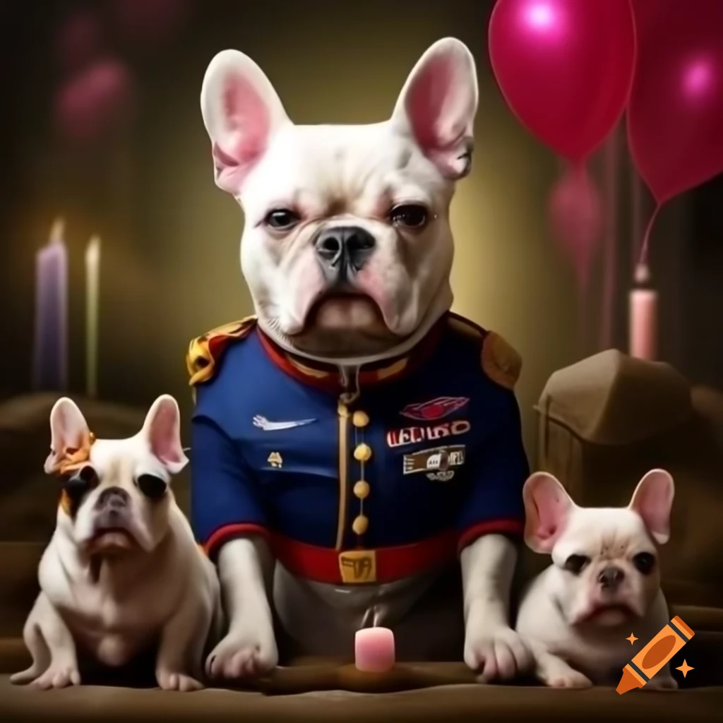 French bulldog in USMC uniform with other dogs at memorial with candles and balloons