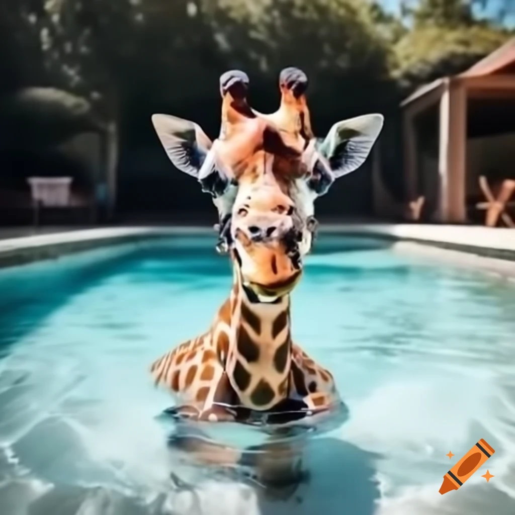 Giraffe lounging in a swimming pool