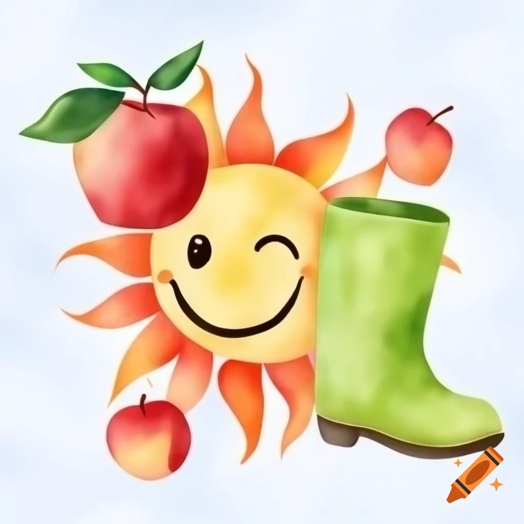 Watercolor illustration featuring sun, smile, boot, apple, and peach